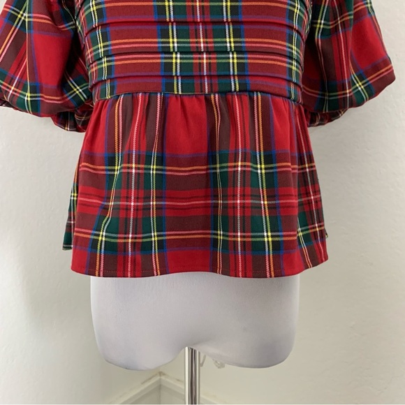 Francesca’s Plaid Peplum Smocked Puff Sleeve Top Sz S Red Holiday Short Sleeve - Picture 13 of 17